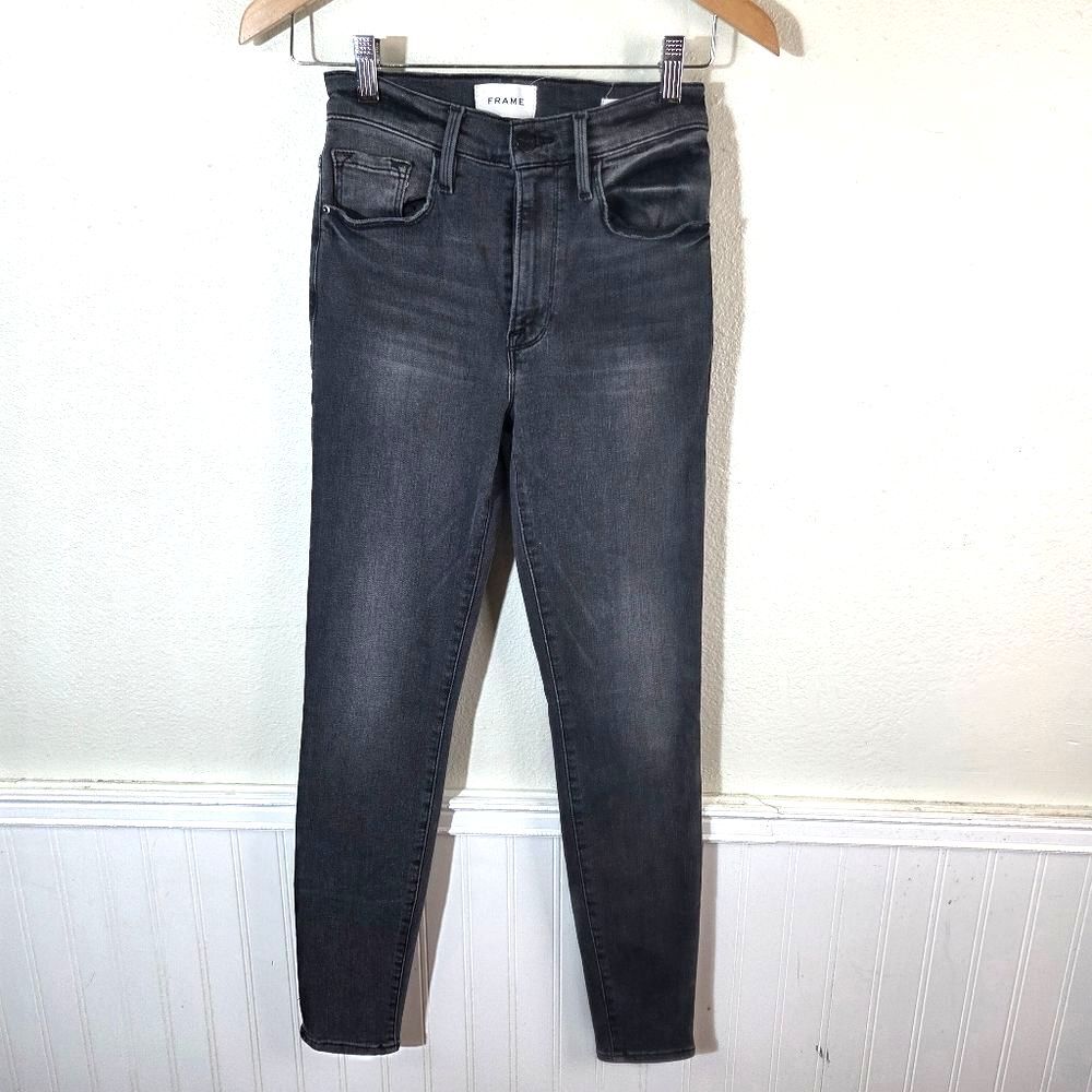 FRAME Ali High Rise Skinny Jeans Womens 24 Gray Washed Black Stretch Denim